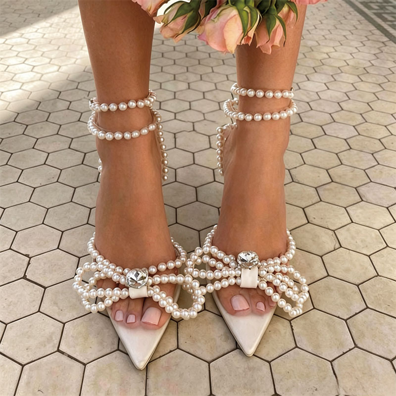 Shoeswoon White Pearl Bow Pointed Toe Ankle Strap Stiletto High Heel
