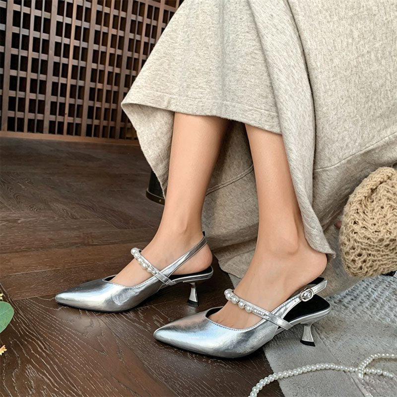 Shoeswoon Pearl Strap Pointed Toe Slingback Kitten Heels