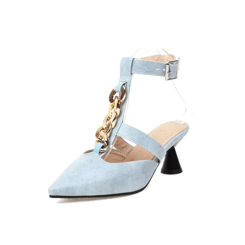 Shoeswoon Metal Chain Pointed Toe T‑Strap Ankle Strap Heels