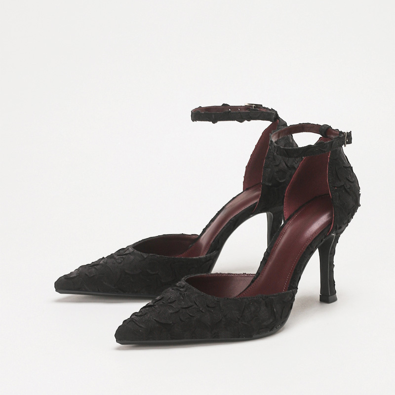 Shoeswoon Textured Lace Pointed Toe Ankle Strap Slingback Stiletto Pumps