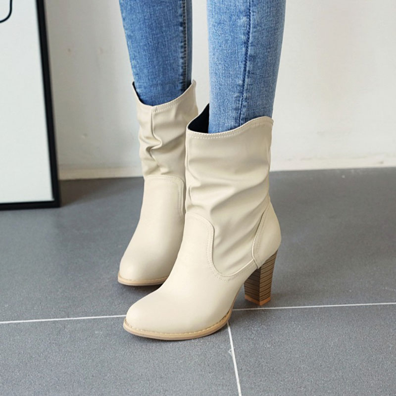 Shoeswoon Ruched Shaft Round‑Toe Wooden Block Heel Mid‑Calf Boots