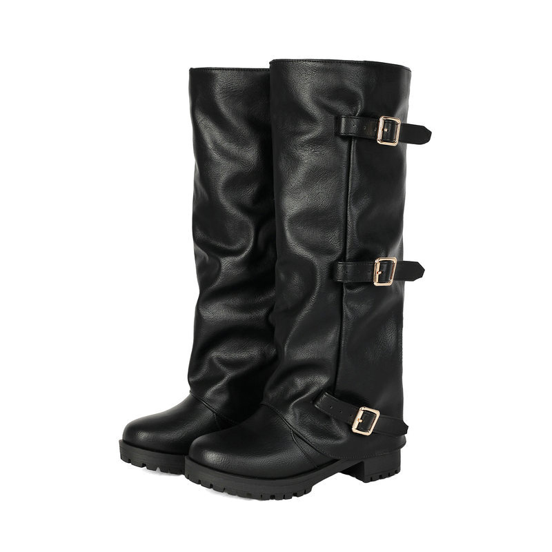 Shoeswoon Vintage Ruched Shaft Metal Buckle Platform Knee‑High Boots