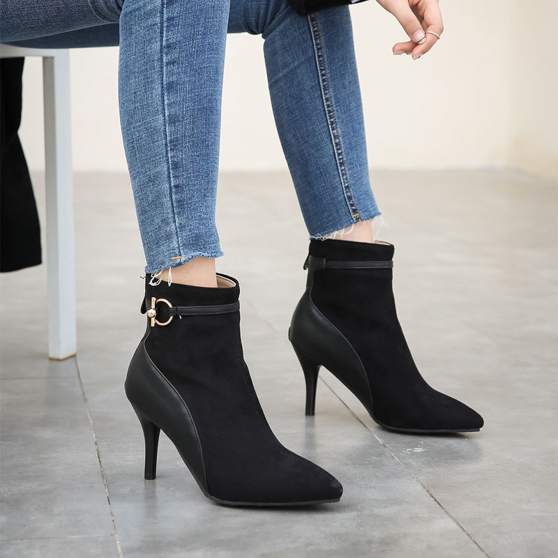 Shoeswoon Mixed‑Texture Pointed Toe Ankle Booties Metal Buckle Stiletto Heels