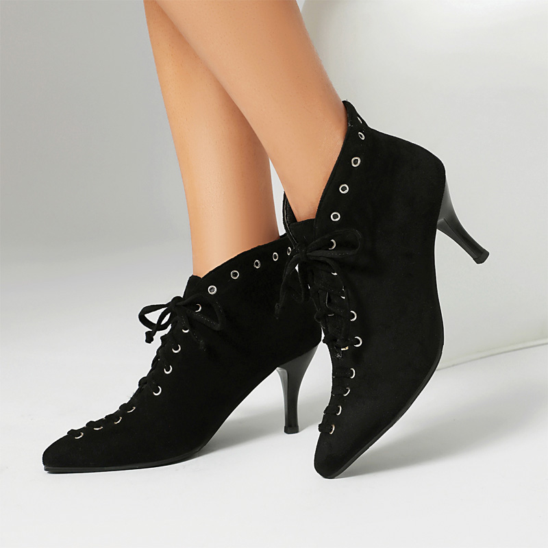 Shoeswoon Pointed Toe Lace‑Up Ankle Booties Eyelet Decor Stiletto Heel