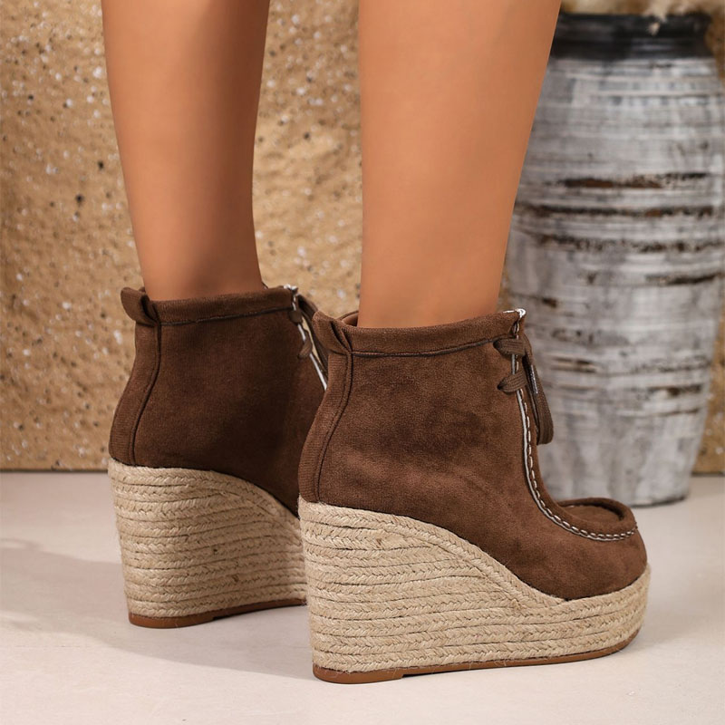 Shoeswoon Bohemian Stitch Detail Platform Wedge Ankle Boots