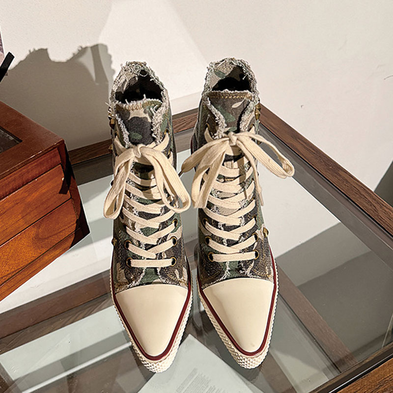 Shoeswoon Camo Canvas High‑Top Stiletto Heel Sneaker Boots Studded Fringe Trim