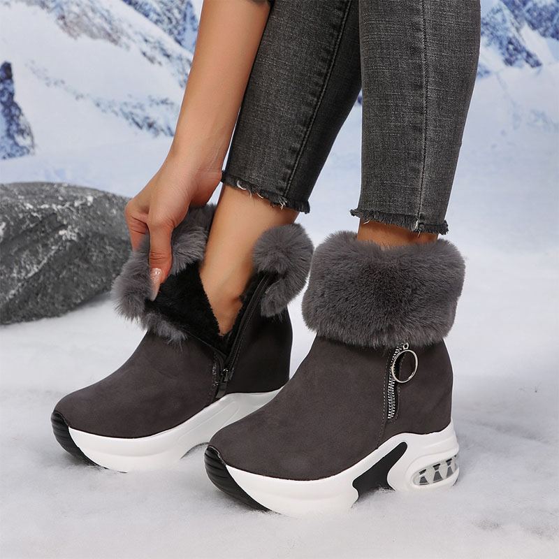 Shoeswoon Faux Fur Trim Side Zip Wedge Chunky Sole Boots