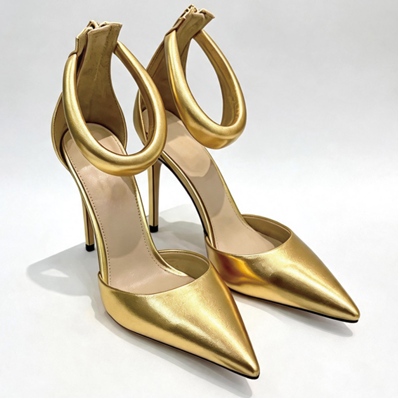 Shoeswoon Pointed Toe Hollow Out Big Ring Ankle Loop Back Zip Stiletto High Heel Mules