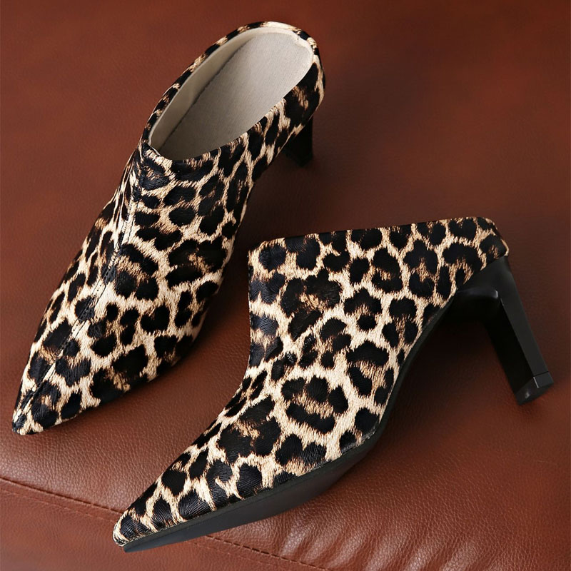 Shoeswoon Fashion Faux Fur Leopard Pattern Pointed Mule Heels
