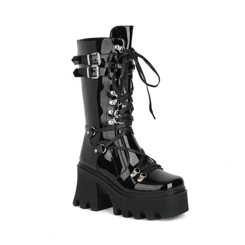Shoeswoon Gothic Multi Buckle Lace Up Platform Mid Calf Boots