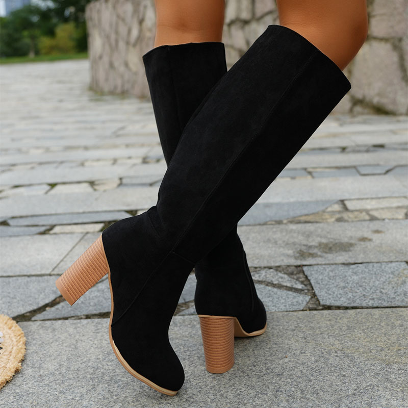 Shoeswoon Elegant Side Zipper Round Toe Chunky Wood Heel Knee High Boots