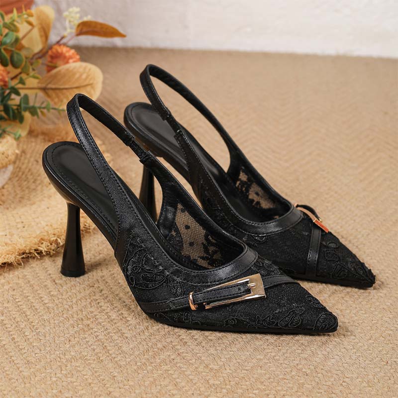Shoeswoon Elegant Embroidered Lace Pointed Toe Slingback Thin High Heels