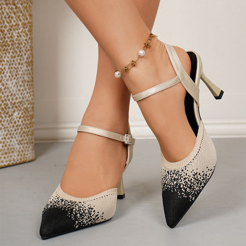 Shoeswoon Gradient Knit Pointed Toe Ankle Strap Flare Heels