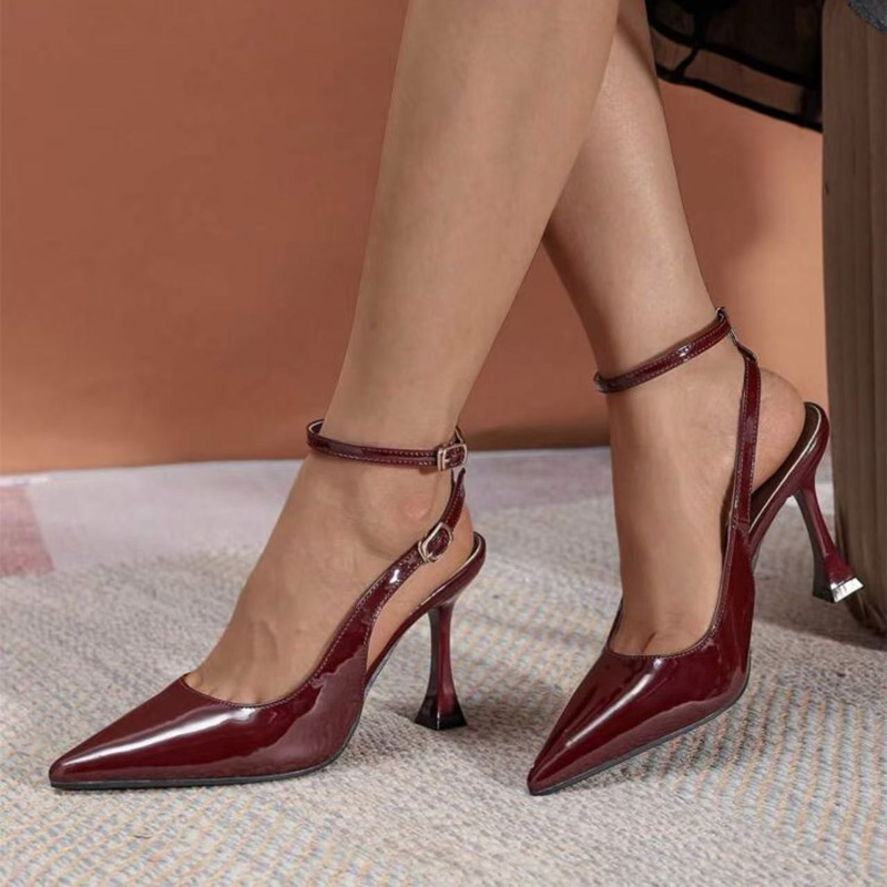 Shoeswoon Glossy Patent Double Ankle Strap Pointed Toe Sculptural Heels