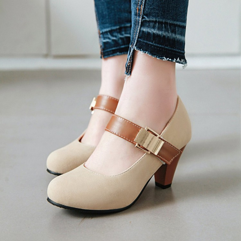 Shoeswoon Vintage Mary Jane Metal Buckle Round Toe High Heels