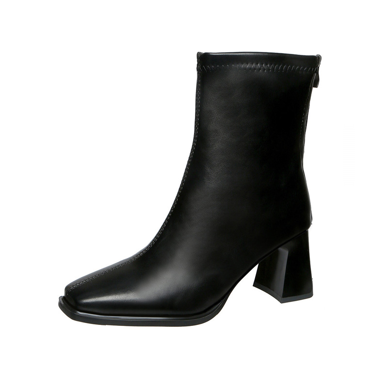 Shoeswoon Elegant Square Toe Flared Chunky Heel Rear Zipper Ankle Boots