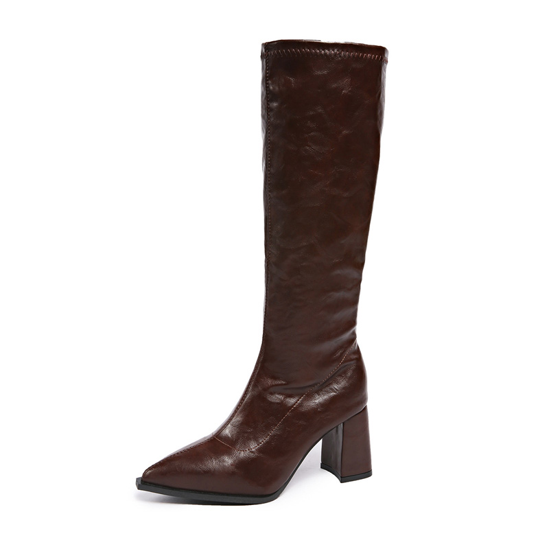 Shoeswoon Casual Side Zip Pointed Toe Chunky Block Heel Knee High Boots