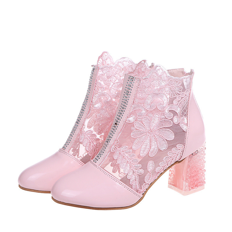 Shoeswoon Floral Lace Mesh Panel Rhinestone Chunky Block Heel Ankle Boots