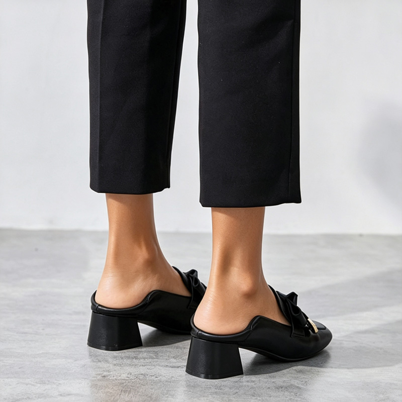 Shoeswoon Square Toe Contrast Bow Decor Slip‑On Mid Block Heel Women's Loafer Shoes