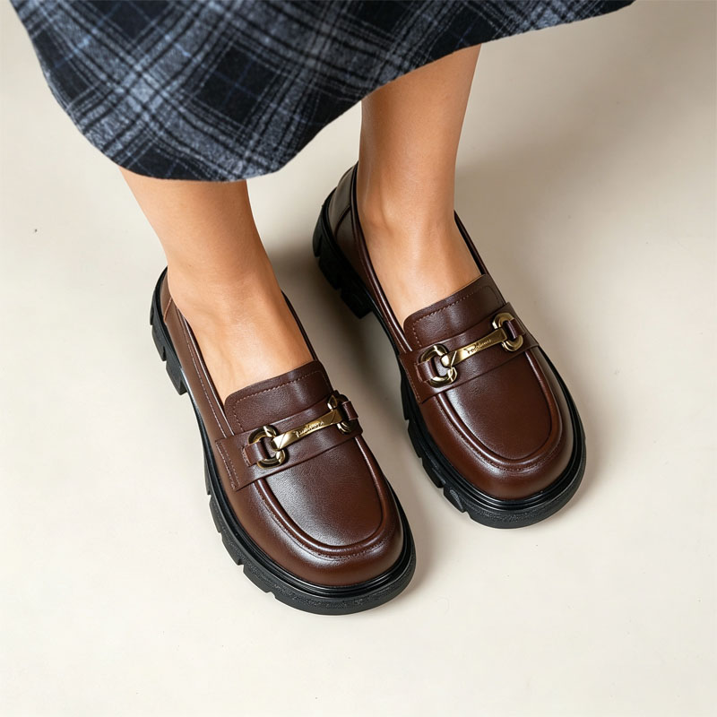 Shoeswoon Classic Round Toe Metal Decor Thick Sole Ladies Loafers