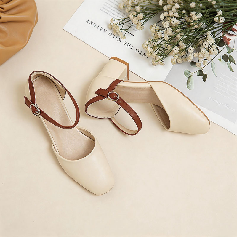 Shoeswoon Retro Color‑Block Ankle‑Buckle Mid Block‑Heel Mary Janes