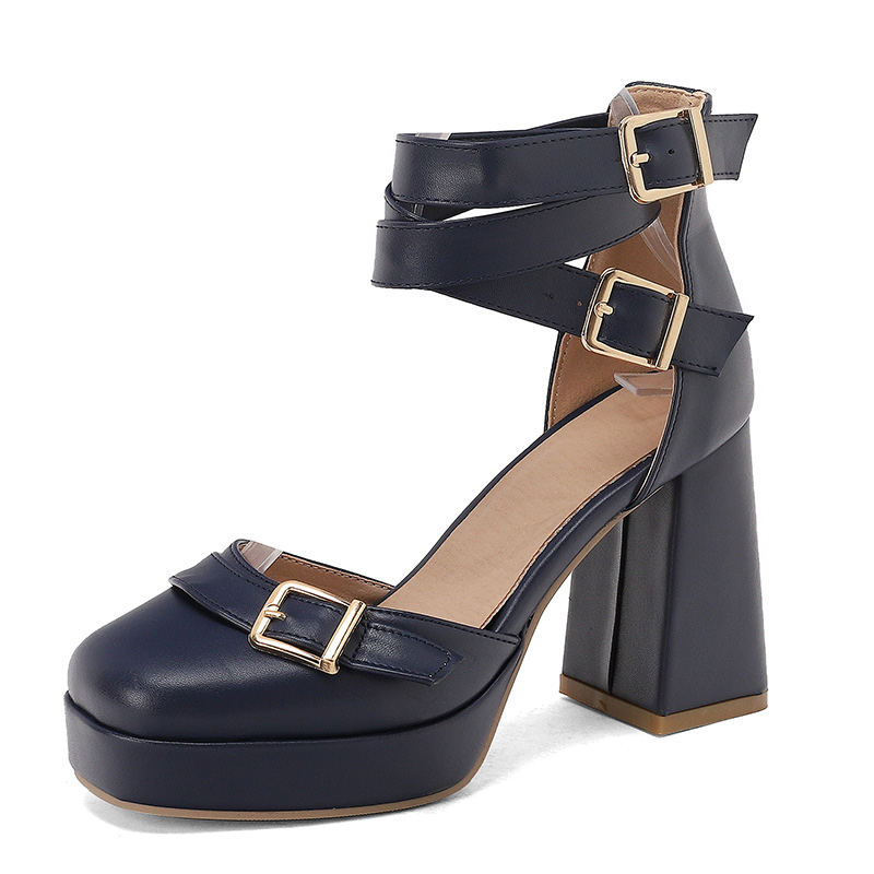 Shoeswoon Square‑Toe Gold‑Buckle Cutout High Block‑Heel Women's Mary Jane Pumps