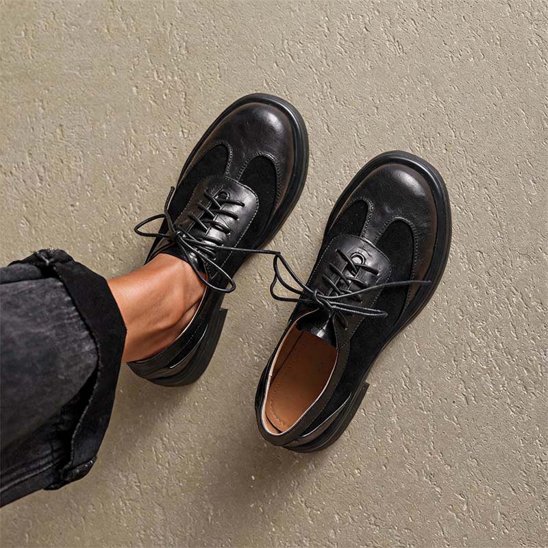 Shoeswoon Vintage Mixed‑Material Brogue Round Toe Lace‑Up Chunky Sole Women Retro Oxfords