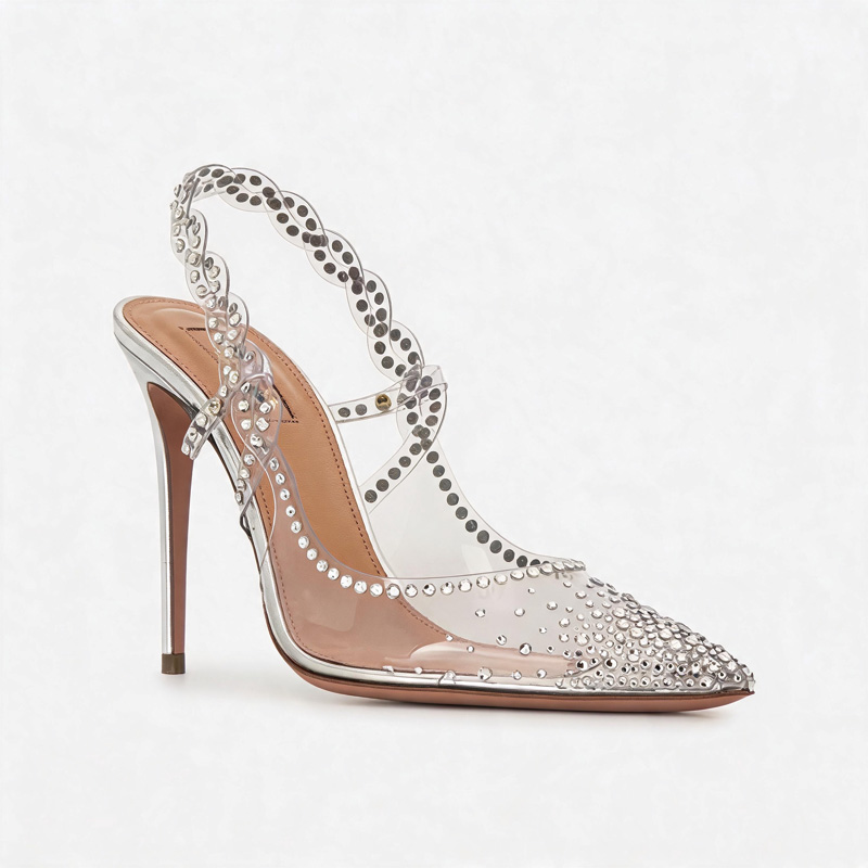 Shoeswoon Silver Clear PVC Rhinestone Trim Slingback Pointed Toe Stiletto Pumps