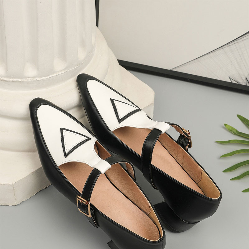 Shoeswoon Retro Contrast T‑Strap Buckle Mid Block Heel Mary Jane Shoes