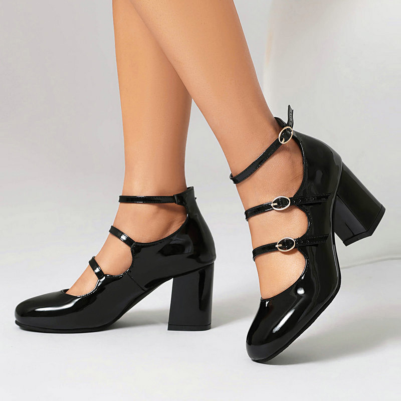 Shoeswoon Round Toe Triple Strap Patent Mary Janes Mid Block Heel