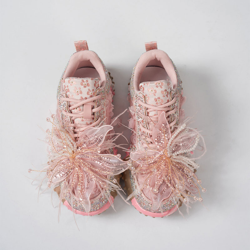 Shoeswoon Romantic 3D Floral Mesh Feather Pearl‑Crystal Decor Lace‑Up Fashion Sneakers