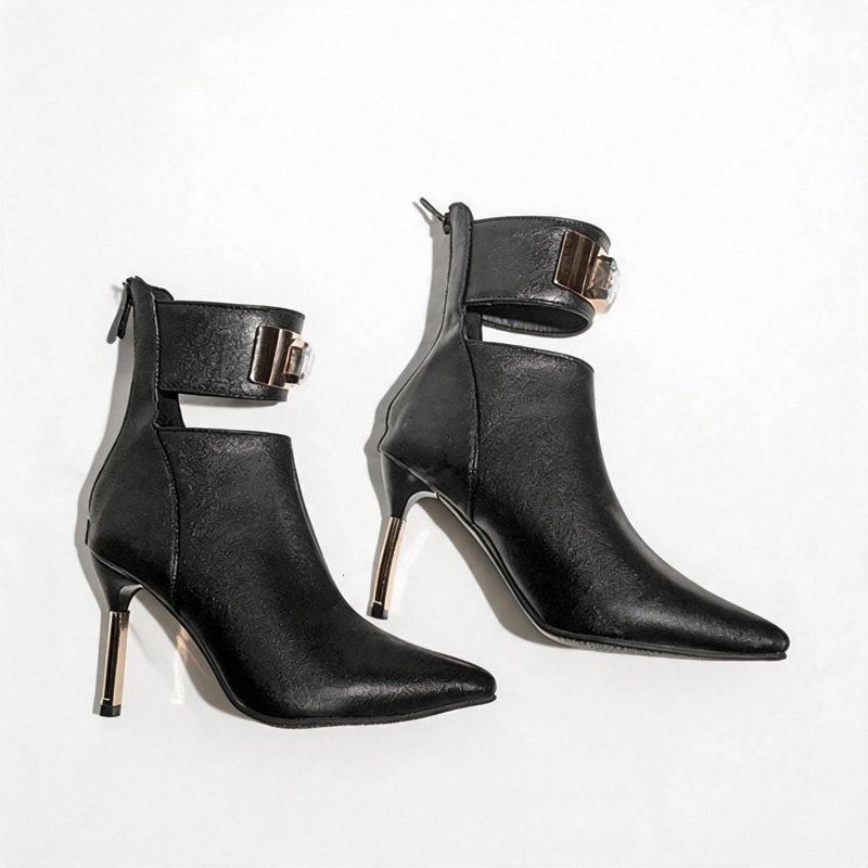 Shoeswoon Snake Print Cut‑Out Ankle Boots With Rhinestone Buckle Stiletto Heel