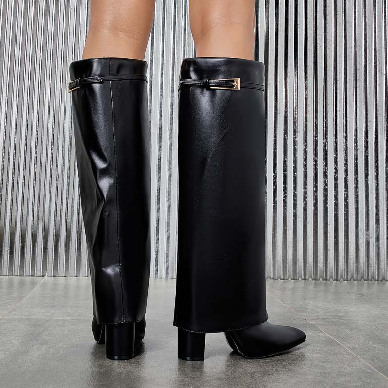 Shoeswoon Metal Buckle Fold‑Over Cuff Pointed Toe Block Heel Knee High Boots