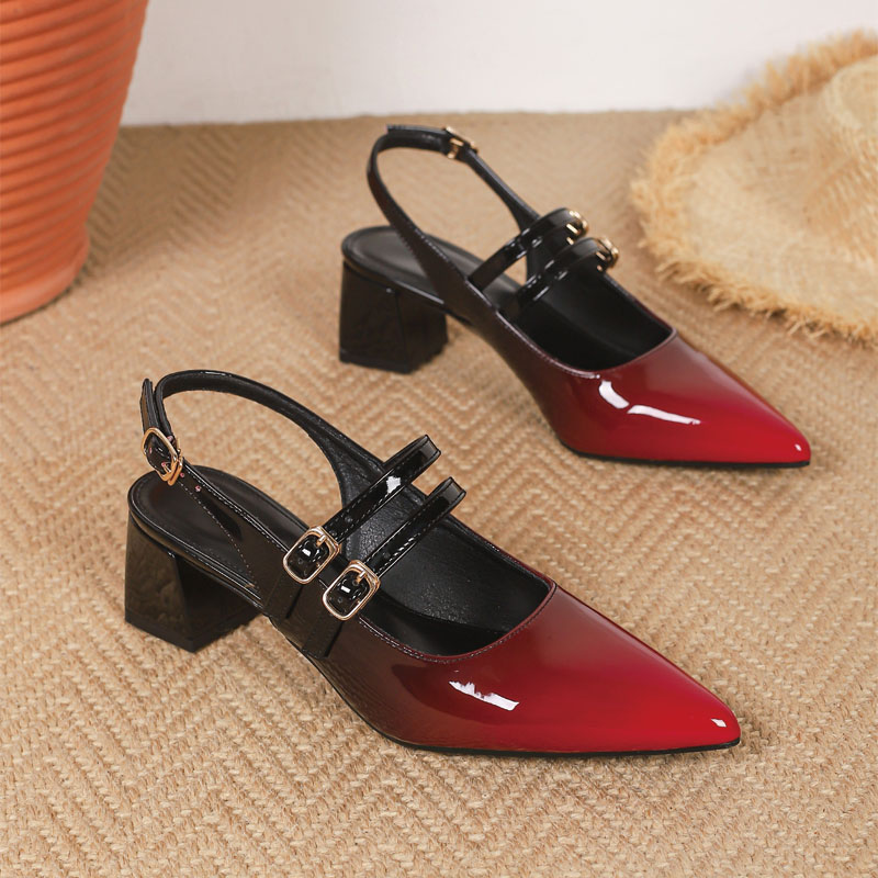 Shoeswoon Patent Slingback Mary Janes Dual Adjustable Buckle Straps Mid Block Heel Shoes