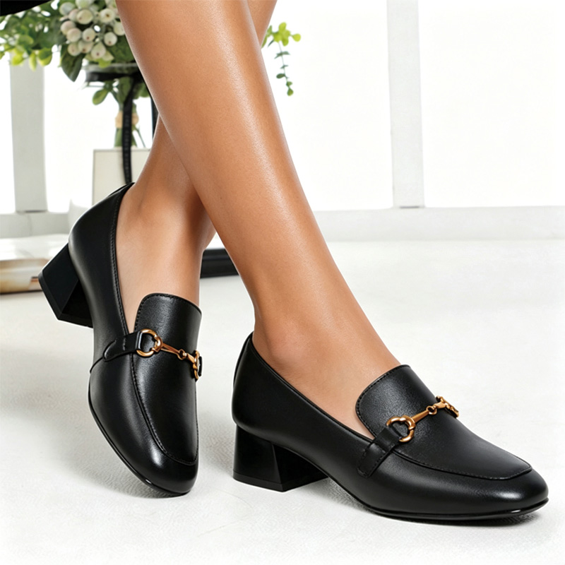 Shoeswoon Soft Square Toe Chain Ornament Office Ladies Mid‑Heel Loafers