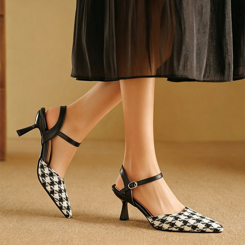 Shoeswoon Plaid Fabric Slingback Heels Ankle Buckle Strap Heels