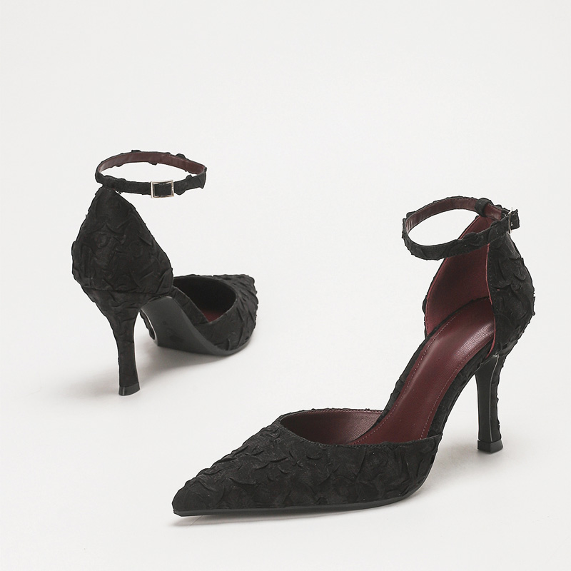 Shoeswoon Textured Lace Pointed Toe Ankle Strap Slingback Stiletto Pumps