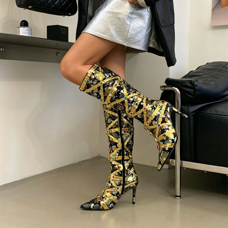 Shoeswoon Floral Jacquard Gem‑Embellished Pointed Toe Stiletto Knee‑High Boots