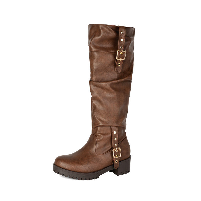 Shoeswoon Slouchy Multi‑Buckle Platform Block Heel Knee‑High Boots