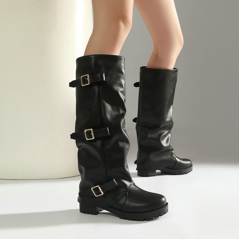 Shoeswoon Vintage Ruched Shaft Metal Buckle Platform Knee‑High Boots