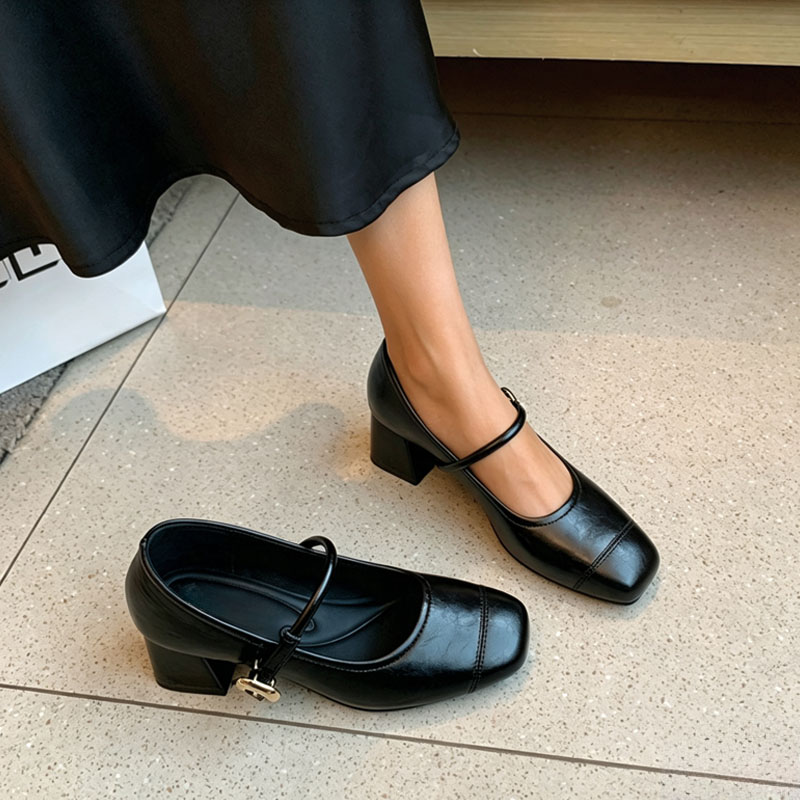 Shoeswoon Metal Buckle Square Toe Block Heel Mary Jane Pumps