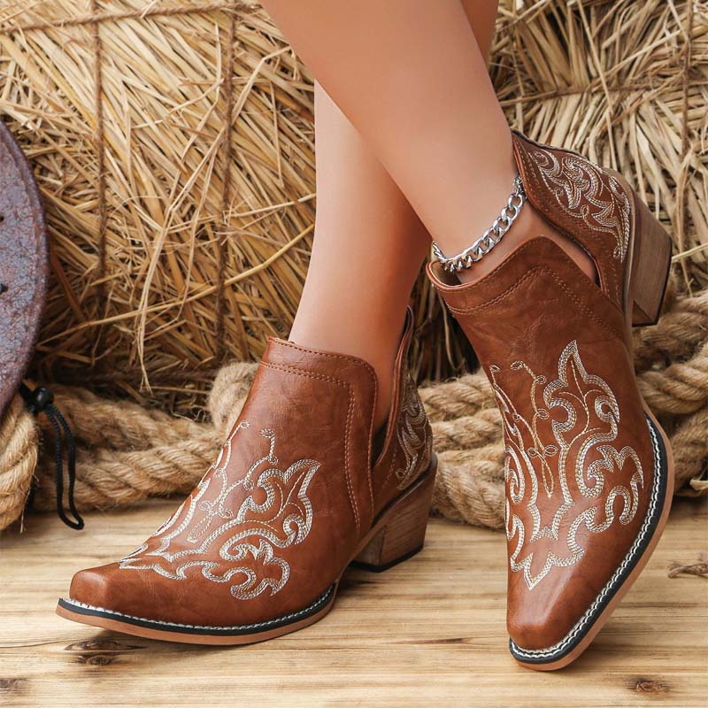Shoeswoon Embroidery Western Ankle Booties Cut‑Out Stacked Block Heel