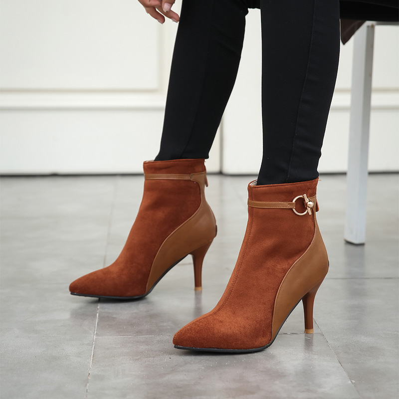 Shoeswoon Mixed‑Texture Pointed Toe Ankle Booties Metal Buckle Stiletto Heels