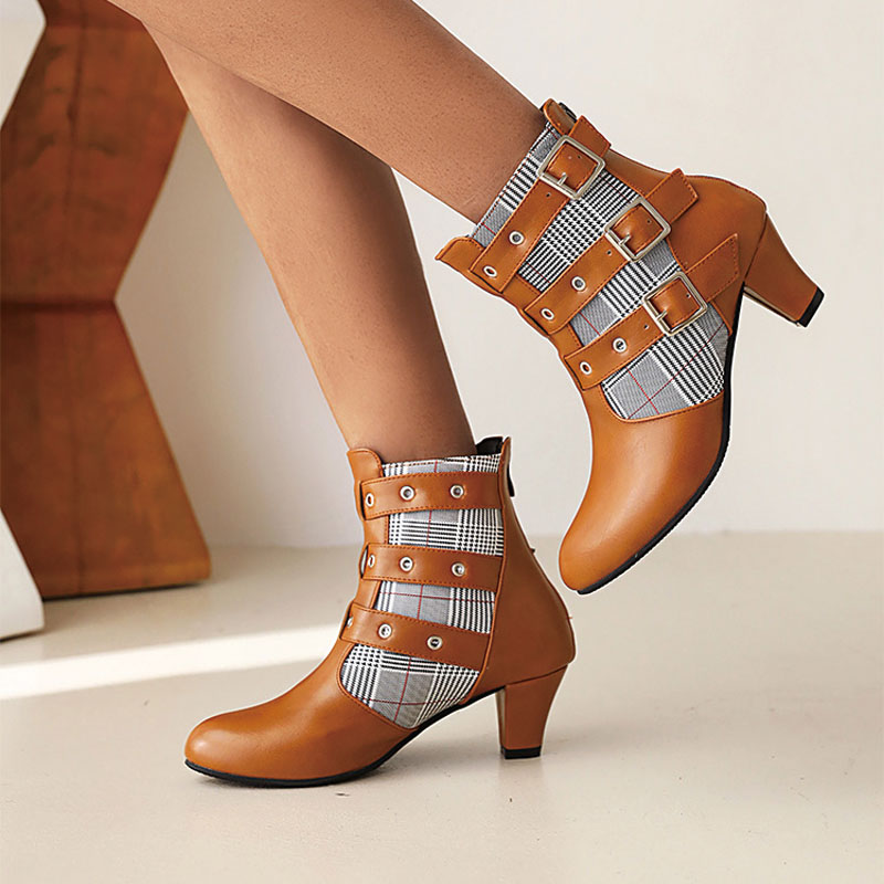 Shoeswoon Multi‑Buckle Plaid Panel Ankle Booties Block Heel Back Zipper