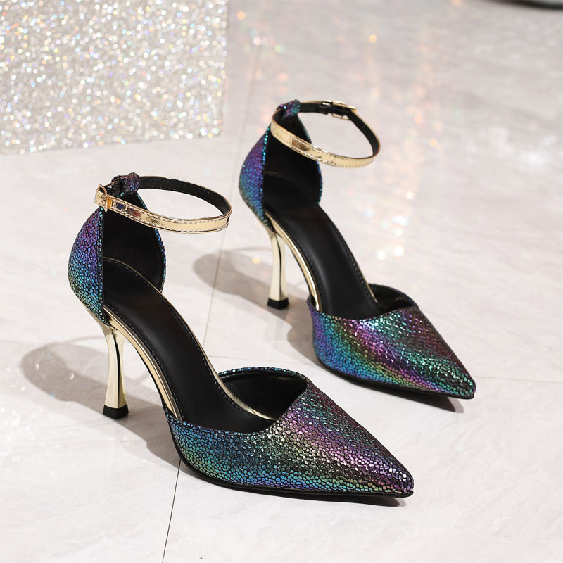 Shoeswoon Shimmer Metallic Texture Adjustable Ankle Wrap Heels