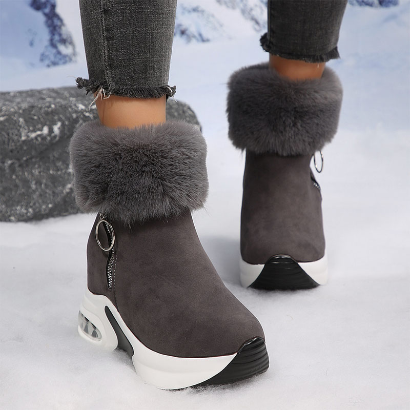 Shoeswoon Faux Fur Trim Side Zip Wedge Chunky Sole Boots