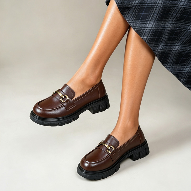 Shoeswoon Classic Round Toe Metal Decor Thick Sole Ladies Loafers