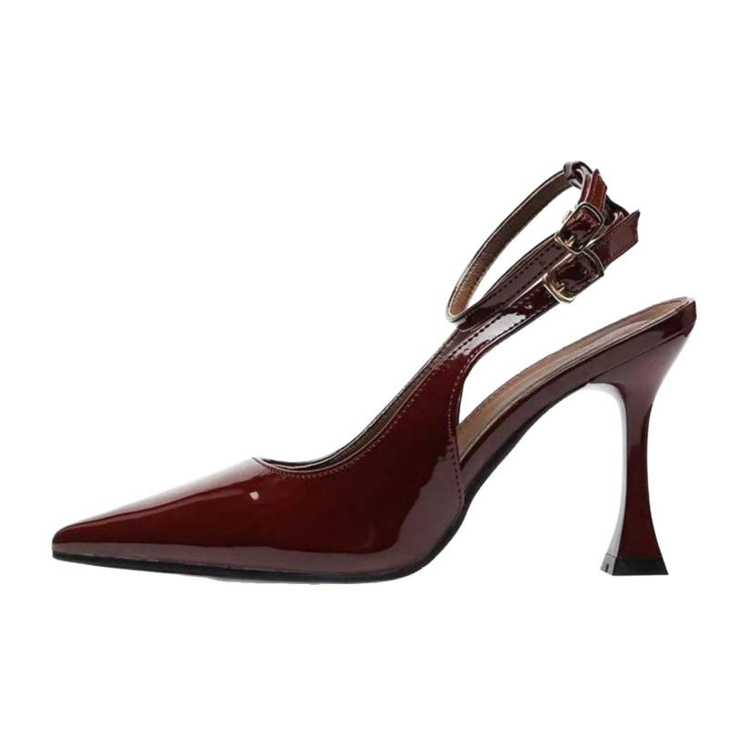 Shoeswoon Glossy Patent Double Ankle Strap Pointed Toe Sculptural Heels