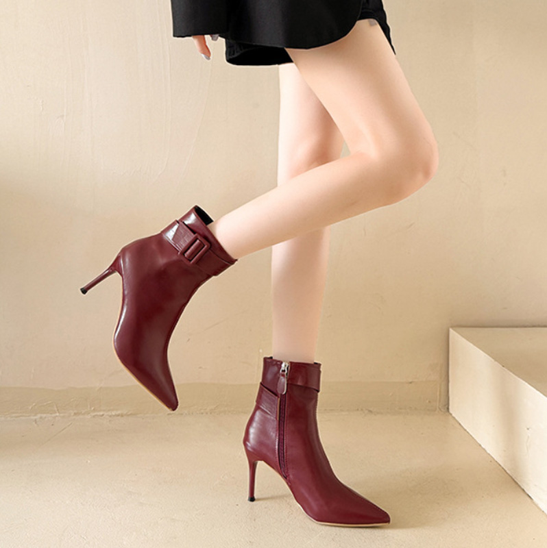 Shoeswoon Croc Embossed Strap Decor Pointed Slim High Heel Ankle Boots