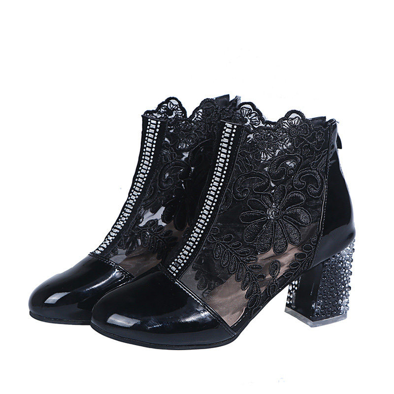 Shoeswoon Floral Lace Mesh Panel Rhinestone Chunky Block Heel Ankle Boots